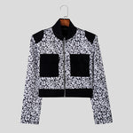 LinkMejor Mens Floral Print Patchwork Jacket Crop Top Zipper Stand Collar Short Jackets for Men Large Size S-5XL