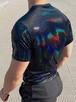 Men Shiny Coating Short Sleeve Crew Neck Skinny T-Shirt