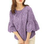 LinkMejor Women Korean Casual Shirt Daily Embroidery Hollow Ruffle Sleeve Blouses