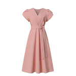 LinkMejor Womens Puff Sleeve V Neck Belted A Line Midi Dress Party Gown Long Dresses