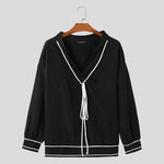 LinkMejor Mens Twist Patchwork V-Neck Long Sleeve T-Shirt Fashion Solid Color Drawstring Design Tshirt