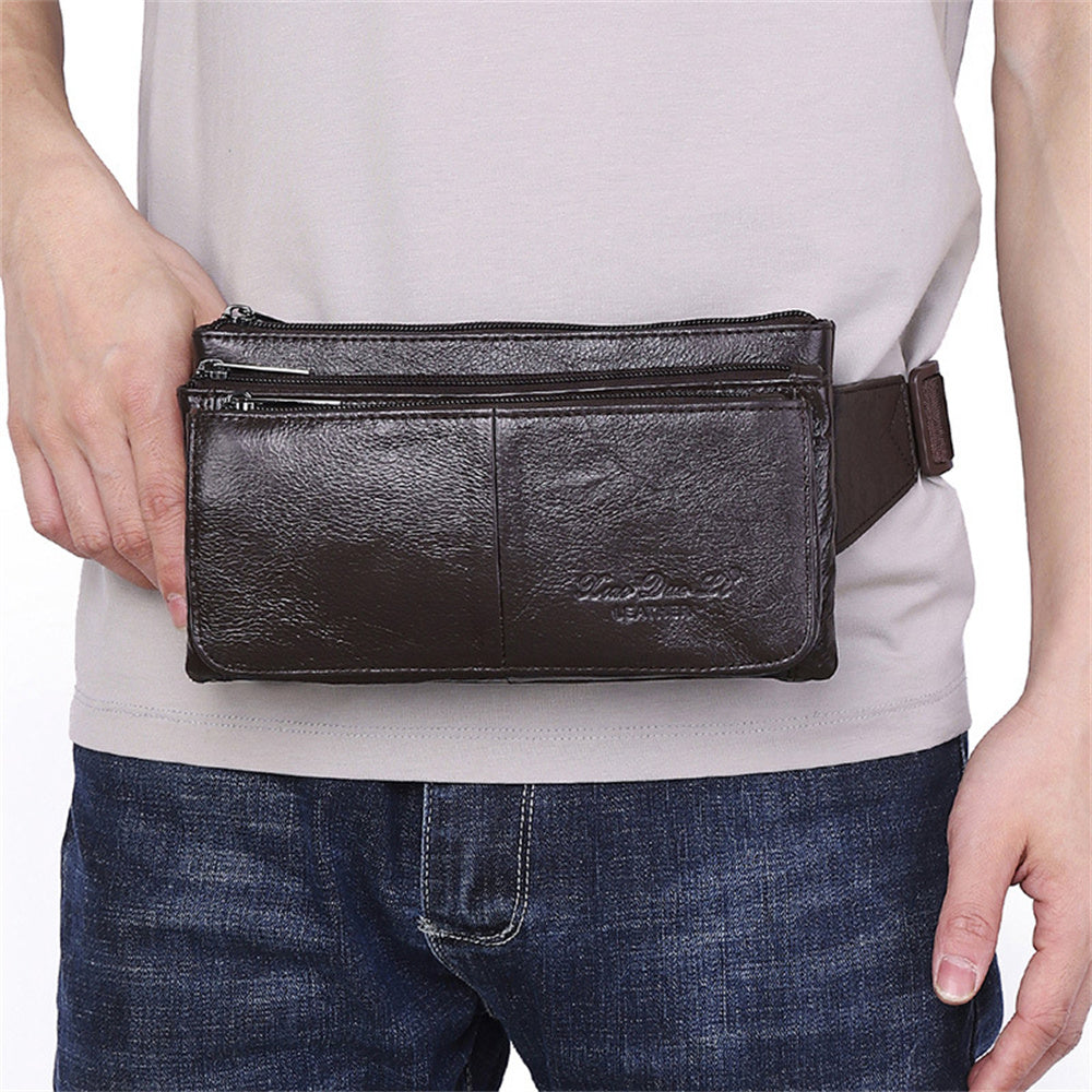 Ekphero Men Genuine Leather Waist Bag Large Capacity Three-layer Zipper Single Shoulder Bag Multifunctional Mini Chest Bag