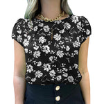 LinkMejor Womens Floral Print Ruffled Open Round Neck Design Short Sleeve Shirts