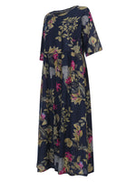 LinkMejor Plus Size Women Beach Long Dress Retro Floral Printed Round Neck Three Quarter Sleeve Pleated Beach Maxi Dresses