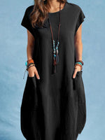 LinkMejor Plus Size Women Mid Long Dress Solid Pocket Short Sleeve Round Neck Cotton Casual Beach Midi Dress
