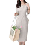LinkMejor Womens Party Daily 7/8 Sleeve Small V-neck Design Slim Segmented Dress Solid Color Elegant Midi Dress