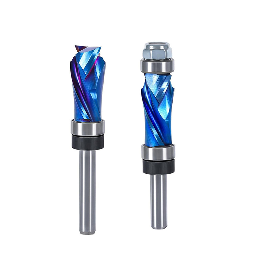 1/4 Inch 6.35mm Shank Nano Blue Coated Carbide Compression Flush Trim Router Bit Top and Bottom Bearing 1/2" Cutting Diameter for Woodworking Trimming and Slotting