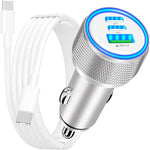 67W 3-Port USB PD Car Charger Adapter USB-A+2USB-C PD3.0/2.0 QC4.0+/03.0/2.0 Support PPS FCP AFC DCP BC1.2 Fast Charging with Blue LED for iPhone 16 16 Pro 15 14 13 Pro Max for Huawei Pura X for Xiaomi 15pro for Samsung Galaxy S25 Ultra
