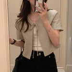 LinkMejor Daily Short Suit Jacket with Tie Front Collar, Short Sleeves Cotton Linen Blend Women's Blazer