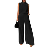 LinkMejor Women Vintage Casual Stand Neck Sleeveless Pleated Wide Leg Tops Trousers