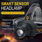 LinkMejor 500M Distance Smart Sensor LED Headlamp Spotlight/Floodlight Zoom, Yellow/White Light Adjusted, Type-C Rechargeable, Fishing Camping Running Working Headlight Long Shot Head Flashlight