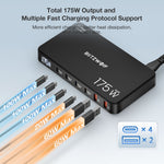 [GaN Tech] LinkMejor® BW-S30 175W 6-Port USB PD Charger 4USB-C+2USB-A QC PD Digital Display Fast Charging Desktop Charging Station for iPhone 16 16 Pro 15 14 13 Pro Max for MacBook Pro for Airpods for Apple Watch