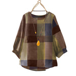 LinkMejor Women Retro Casual 3/4 Sleeve O Neck Shirt Top Plaid Loose Summer Ladylike Blouses