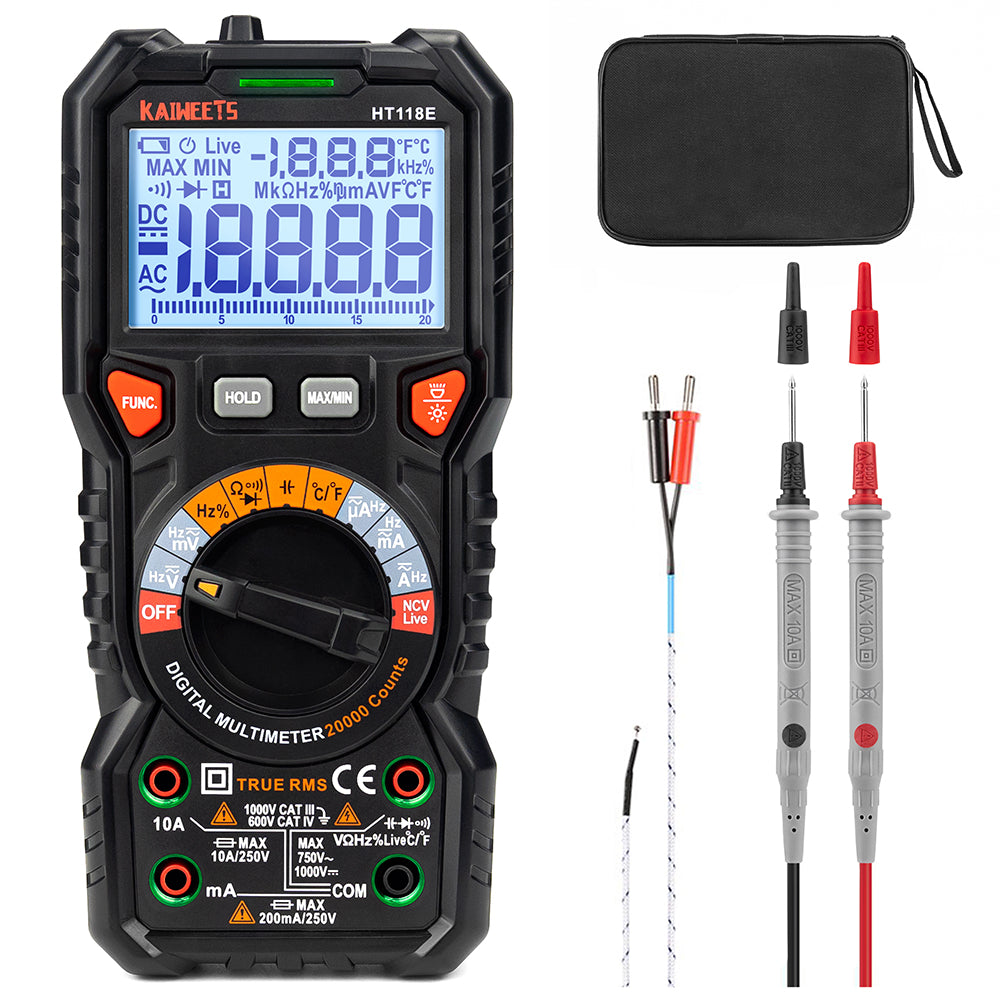 EU US Direct KAIWEETS HT118E Digital AC/DC Multimeter TRMS 20000 Counts High Resolution with Flashlight True RMS CAT IV 600V Safety Rated Best for Electronics Testing