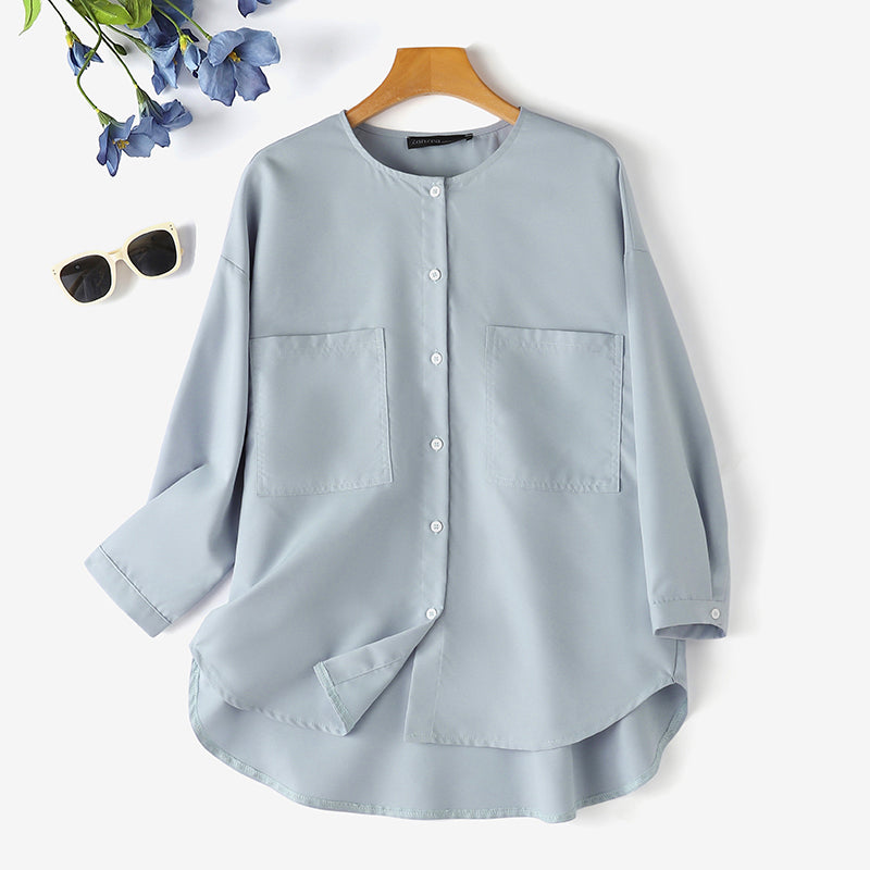 LinkMejor Womens Daily Casual Crew Neck Puff Sleeve Shirts Office Lady Button Up Solid Blouses with Pockets