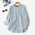 LinkMejor Womens Daily Casual Crew Neck Puff Sleeve Shirts Office Lady Button Up Solid Blouses with Pockets