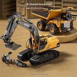 LinkMejor Z6833YG RTR 2.4G 14CH Alloy RC Car Excavator 3-in-1 Bucket/Claw/Drill Construction Truck LED Light Sound 680°Rotating Engineering Vehicles Toys Models Collection Gift For Boys