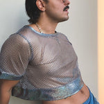 LinkMejor Mens Tshirt Fashion Shiny Mesh Patchwork See Through Fishnet Short Sleeve T-Shirt Summer Cool Short Top
