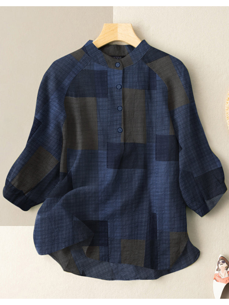 LinkMejor Plus Size Loose Fit Check Print Button Stand Collar 3/4 Sleeve Cotton Linen Women Blouse