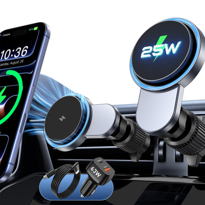 T818 25W Magsafes Wireless Car Charger with Fan+63W Car Charger Adapter Car Air Vent Mount Holder Fast Wireless Charging Stand for Smart Phone for iPhone 17 17Pro 16 Pro Max 15 14