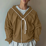 LinkMejor Mens Twist Patchwork V-Neck Long Sleeve T-Shirt Fashion Solid Color Drawstring Design Tshirt