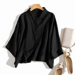LinkMejor Cotton Solid Button Lapel Ruched Casual Blouse