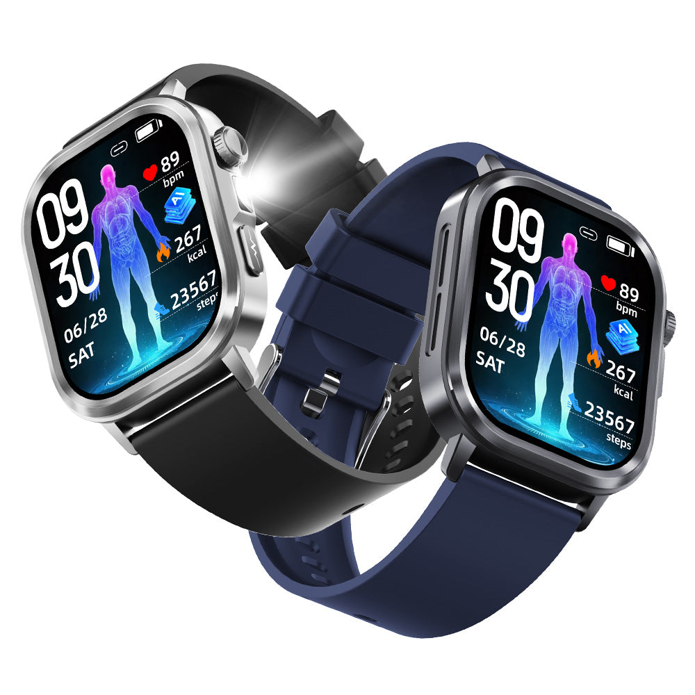 LinkMejor HL7 1.95-inch AMOLED Display ECG AI-GPT LED Flashlight bluetooth Call Heart Rate Blood Pressure SpO2 Monitor Sleep Monitoring Body Composition Analysis Blood Glucose Assessment SOS Emergency Call Multi-sport Modes IP68 Waterproof Smart Watch