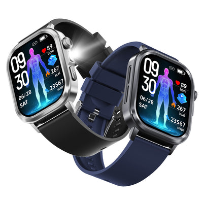 LinkMejor HL7 1.95-inch AMOLED Display ECG AI-GPT LED Flashlight bluetooth Call Heart Rate Blood Pressure SpO2 Monitor Sleep Monitoring Body Composition Analysis Blood Glucose Assessment SOS Emergency Call Multi-sport Modes IP68 Waterproof Smart Watch