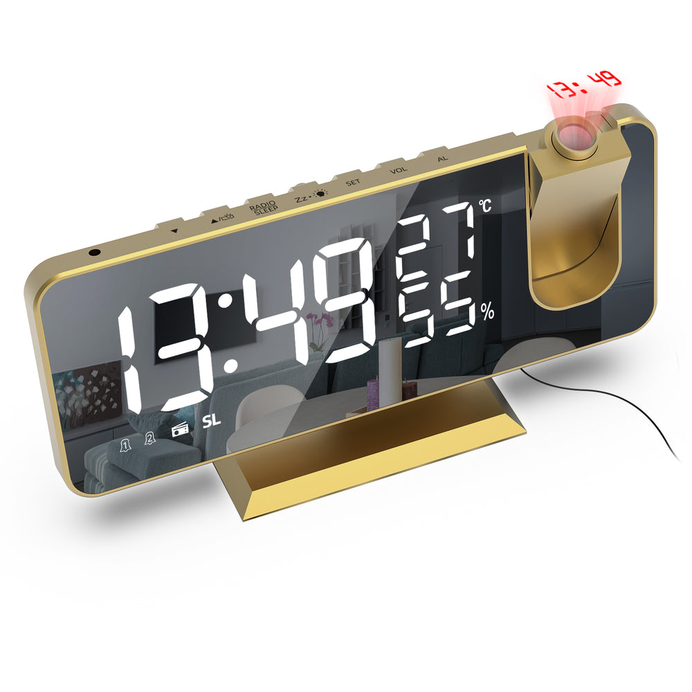 LinkMejor 7.4" LED Digital Projection Alarm Clock With FM Radio / Rotating Projector / Mirror Surface / Temperature Display / Humidity Display / Snooze / External USB Charger