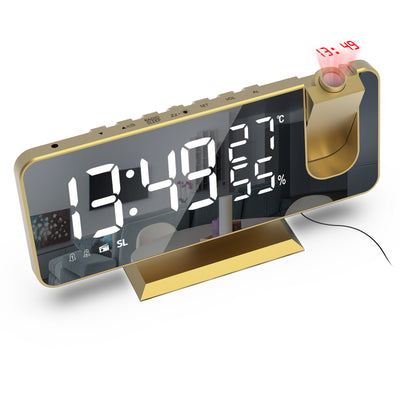 LinkMejor 7.4" LED Digital Projection Alarm Clock With FM Radio / Rotating Projector / Mirror Surface / Temperature Display / Humidity Display / Snooze / External USB Charger