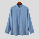 LinkMejor Men Breathable Stand-up Collar Silky Solid Color Shirts