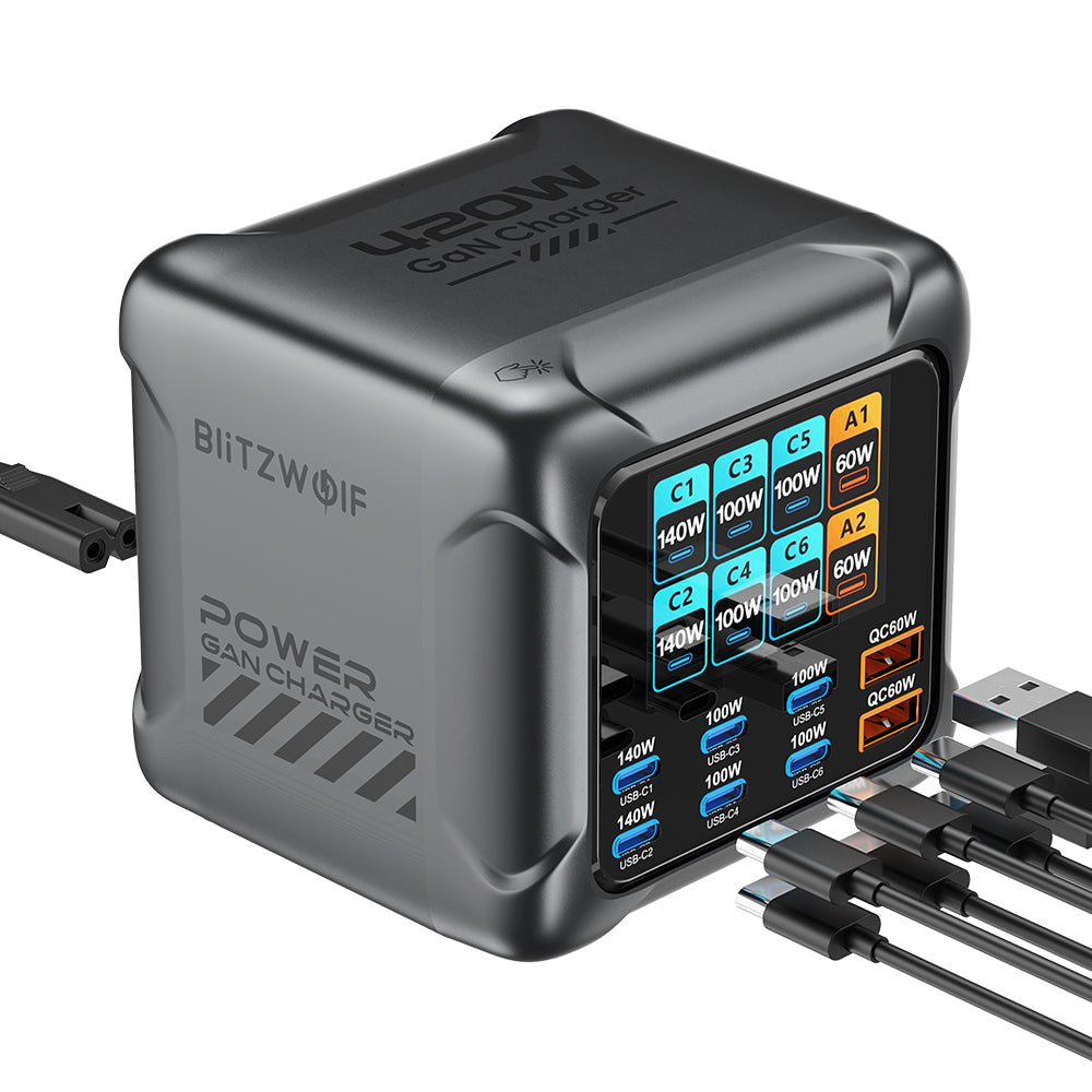 [GaN Tech] LinkMejor® BW-S33 420W 8 Ports USB PD Charger 6USB-C+2USB-A QC PD Digital Display Fast Charging Desktop Charging Station for iPhone 17 16 16 Pro 15 14 13 Pro Max for MacBook Pro for Airpods for Apple Watch