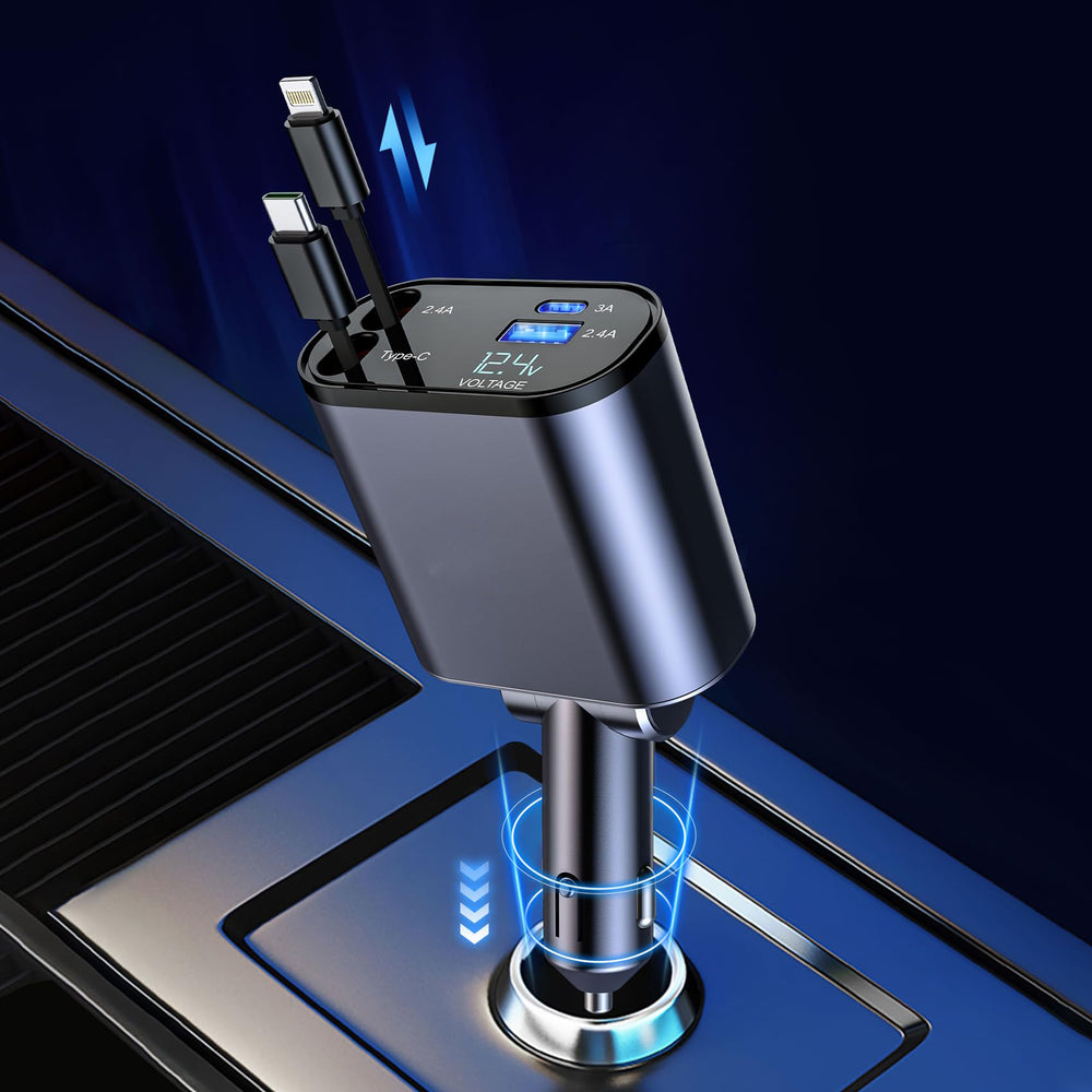 Retractable Car Charger 60W 4 in 1 Super Fast Charge Car Phone Charger Retractable Cables with 2 USB Ports Car Charger Adapter for iPhone 15/14/13/12 Pro Max