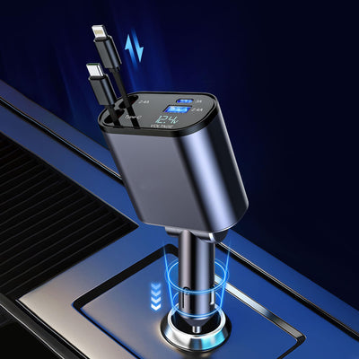 Retractable Car Charger 60W 4 in 1 Super Fast Charge Car Phone Charger Retractable Cables with 2 USB Ports Car Charger Adapter for iPhone 15/14/13/12 Pro Max