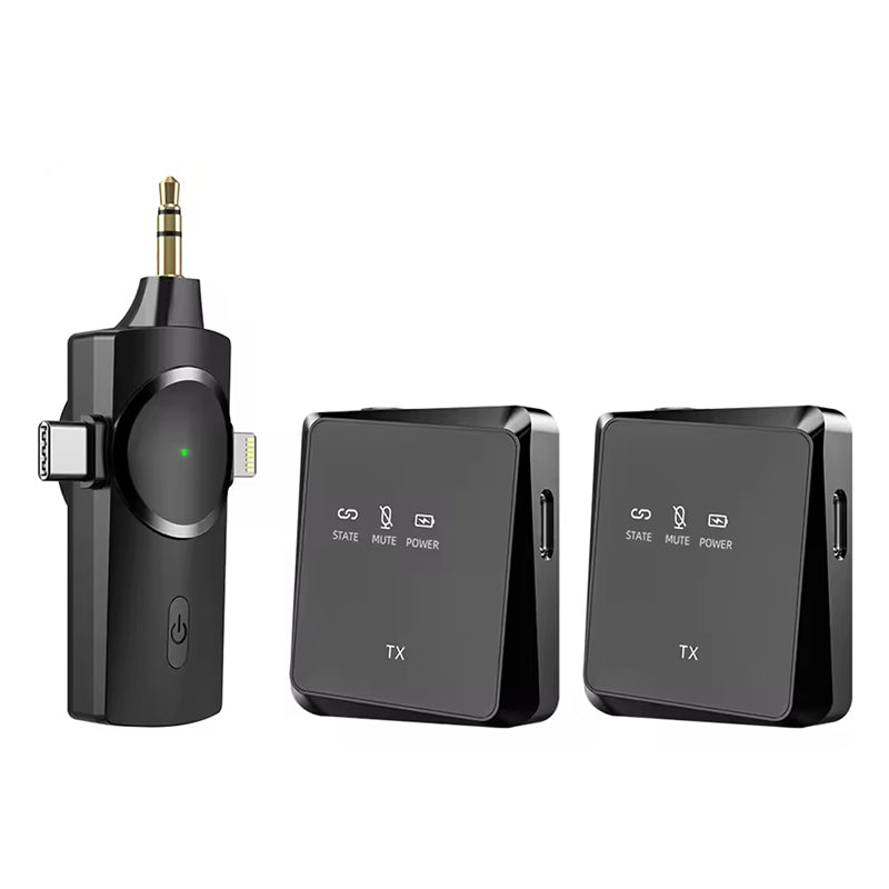 LinkMejor AP009 2.4Ghz Wireless Lavalier Microphone USB-C/iP 3-in-1 Receiver Noise Canceling Mic 26H Battery Life 15ms Low Latency for Vlog Interview Live Streaming Recording