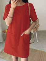 Solid Pocket Short Sleeve Casual Midi Dress