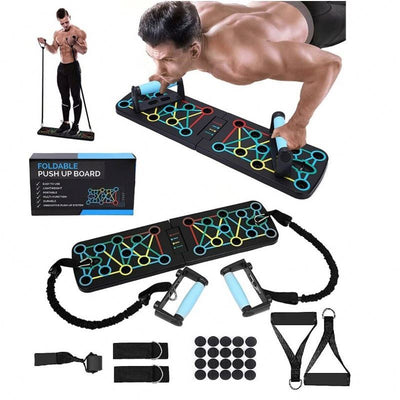 Bominfit Multifunctional Foldable Push-Up Stand with Resistance Band Anti-slip Handles Supports Up to 150kg Home Gym Fitness Board for Chest Back Shoulder Triceps