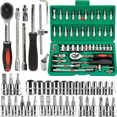 46PCS Drive Socket Set 1/4 inch Ratchet Wrench with Metric Hex Bit Mechanic Tool Kits for Auto Repair House