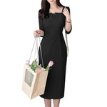 LinkMejor Womens Party Daily 7/8 Sleeve Small V-neck Design Slim Segmented Dress Solid Color Elegant Midi Dress