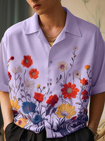 LinkMejor Men Shirts Fashion Flower Print Shirt Mens Summer Streetwear Lapel Short Sleeve Top Daily Casual Shirts S-5XL
