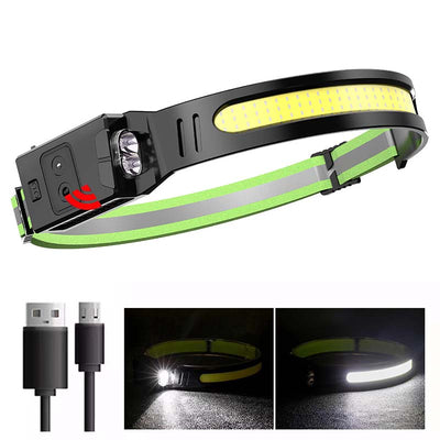 LinkMejor 350LM COB Wave Sensor Smart LED Headlamp With USB Rechargeable Battery Yellow/Blue AUX Light Waterproof Head Lamp For Running Fishing Hunting Outdoor Flashlight Work Light Torch