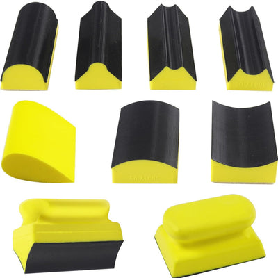 9PCS Hand Sanding Blocks Set Versatile Contoured Profile Yellow Medium-Density Polyurethane Foam Convex and Concave Shapes Hook Loop Attachment for Auto Body Wood Furniture Sanding