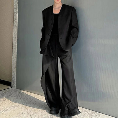 LinkMejor Mens Solid Color Long Sleeve Two-Piece Outfit Collarless Blazer & Suit Pants Men's Fashion Set