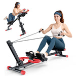 LinkMejor 4 in 1 Foldable Rowing Machine with LCD Monitor 4 Levels & 4 Heights 120kg Capacity Adjustable Ab Trainer Silent Slides Workout Rower Home Gym Equipment for Full-Body