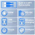 [GaN Tech]LinkMejor BW-i116 Max 105W 6-in-1 Power Combo Desktop Charger Station with Built-in Dual Telescopic Type-C Cable + USB-A+USB-C + 2-in-1 Wireless Charger for Smart Phones for iPhone 16 16 Pro 15 14