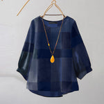 LinkMejor Women Retro Casual 3/4 Sleeve O Neck Shirt Top Plaid Loose Summer Ladylike Blouses