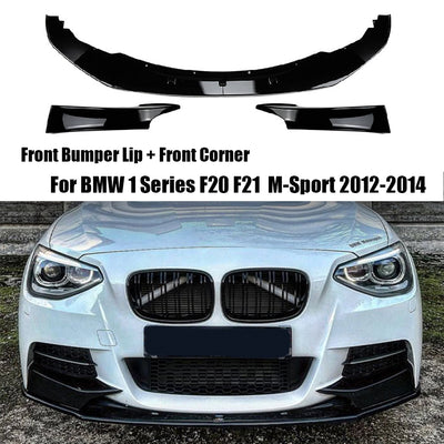 Car Front Bumper Lip + Front Corner Spoiler Splitter Modification Kit Glossy Black for BMW 1 Series F20 F21 Early M-Sport 2012-2014