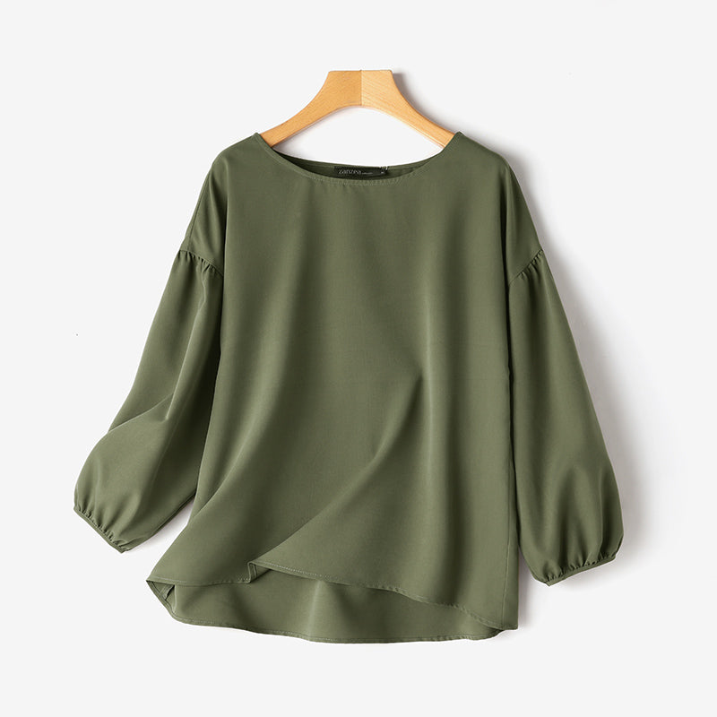LinkMejor Women's Round Neck Drop Shoulder Lantern Sleeve Loose Casual Solid Blouses