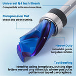 1/4 Inch 6.35mm Shank Nano Blue Coated Carbide Compression Flush Trim Router Bit Top and Bottom Bearing 1/2" Cutting Diameter for Woodworking Trimming and Slotting
