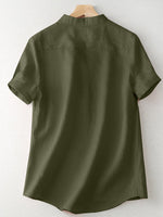 Cotton Solid Button Short Sleeve V Neck Casual Blouse